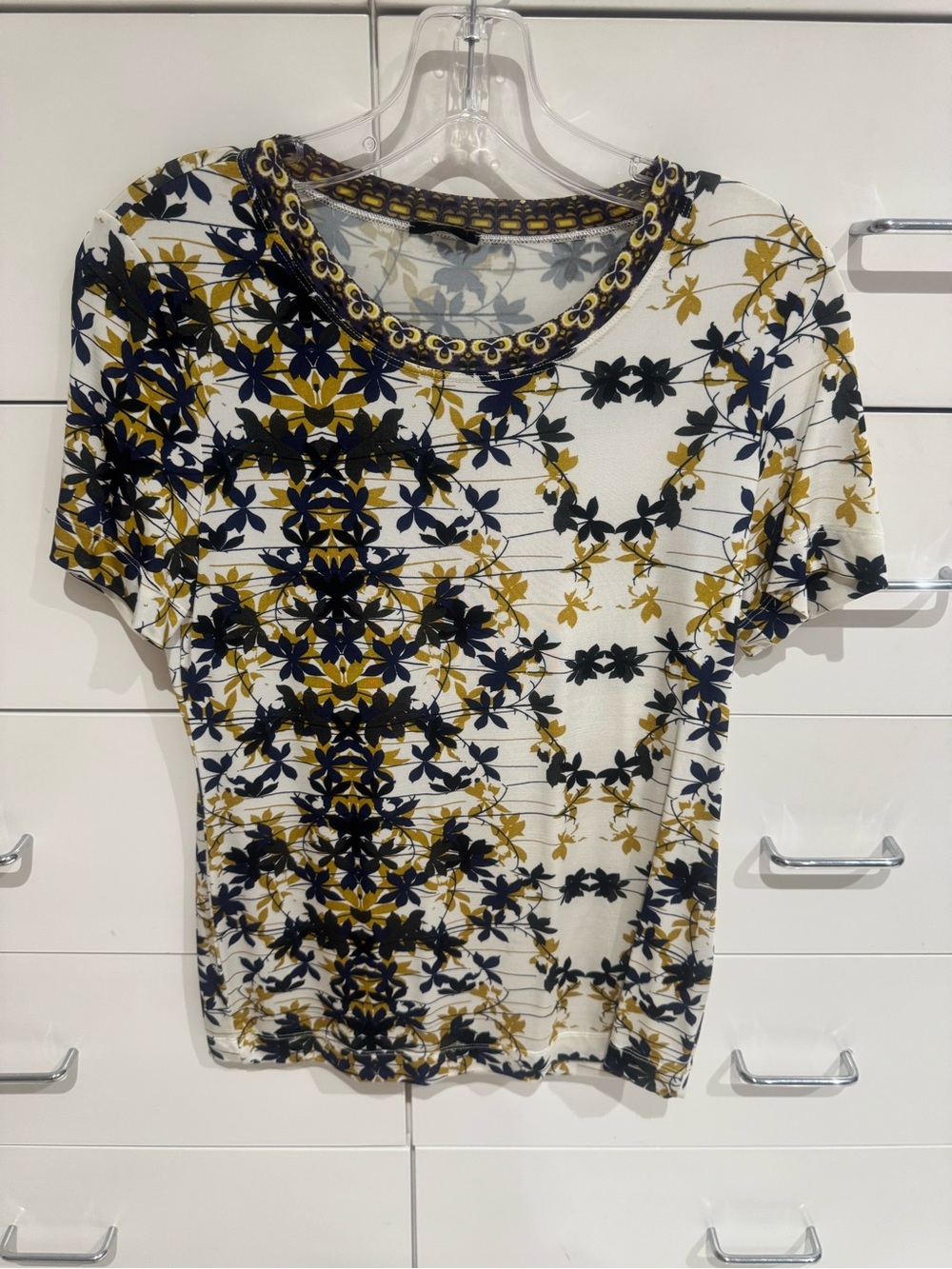 Floral Short-Sleeve Crewneck Top in White, Navy & Mustard